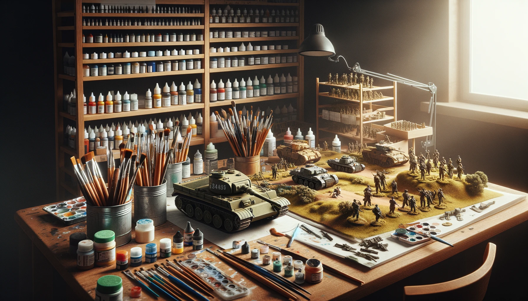 a workspace set up for painting military miniatures, featuring a detailed diorama on the table.