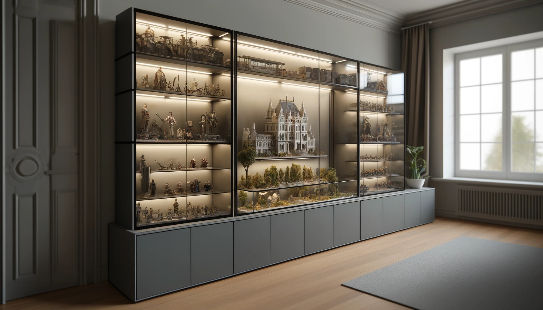 a modern miniature display setup in a home setting, featuring a variety of display cases and shelving units designed for miniature collections.