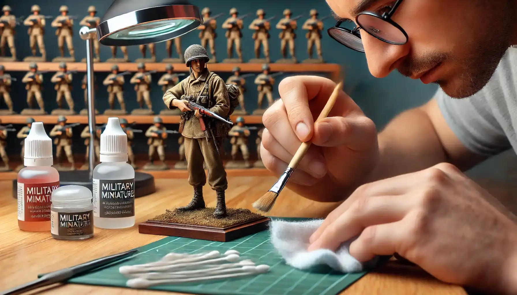 A collector is carefully cleaning a military miniature with a soft brush.