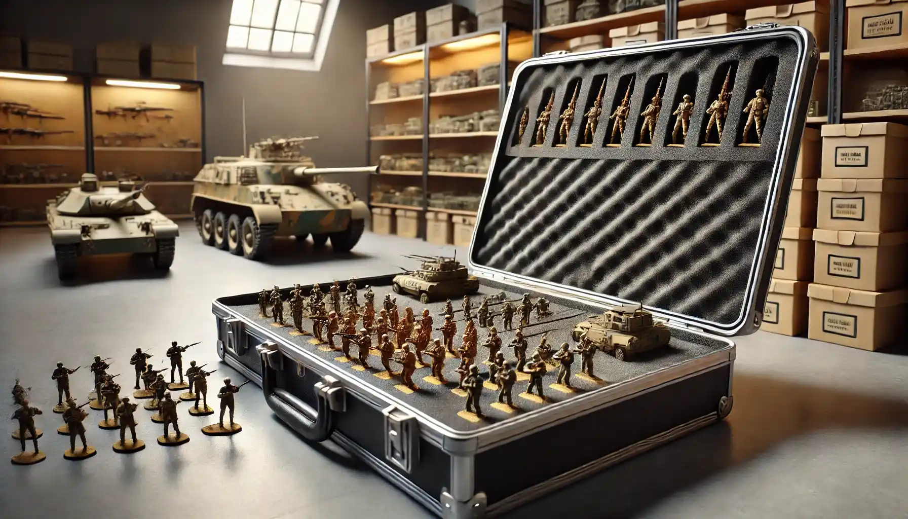 A collector is storing military miniatures in a foam-lined protective case to avoid any damages.